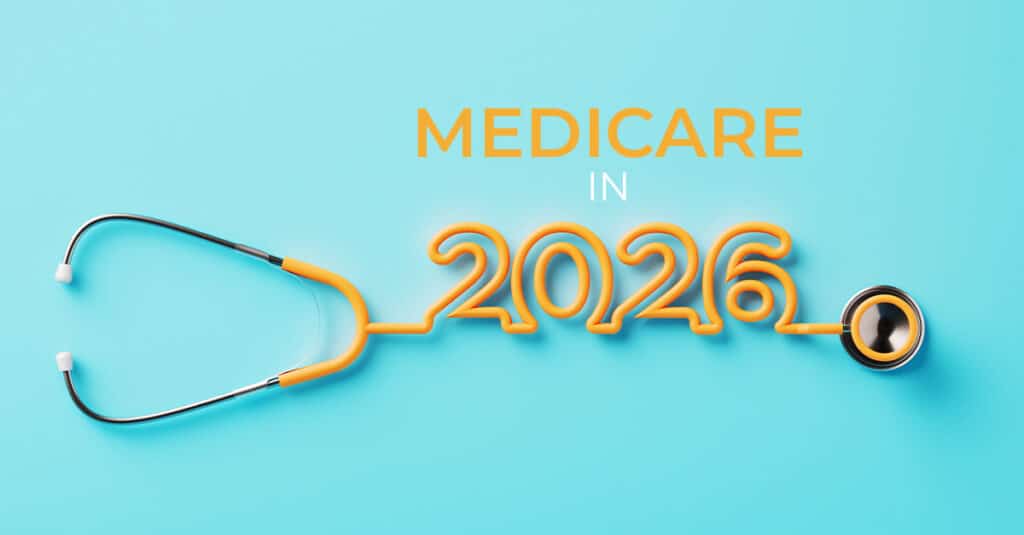 Orange stethoscope writes 2026 on blue background with cord, with writing above that spells "Medicare in 2026"