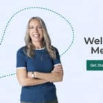 Woman smiling and standing casually with crossed arms on a light blue background with the text "Welcome to Medicare" and a green button that says "Get Started"